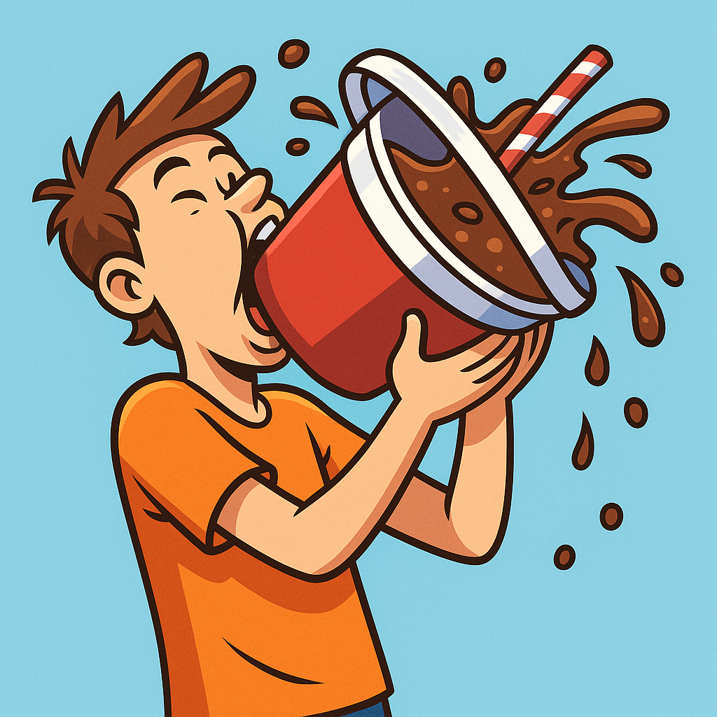 Cartoon of a person chugging a giant soda.