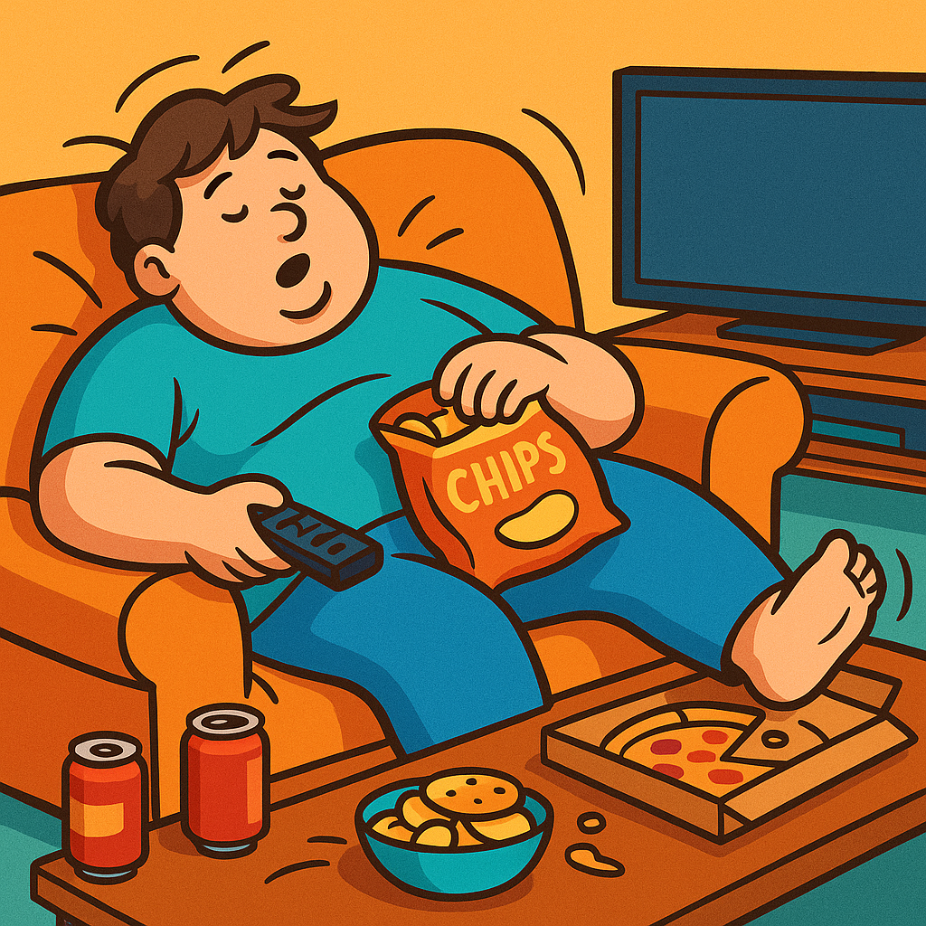 Cartoon of a person sleeping on a couch surrounded by junk food.