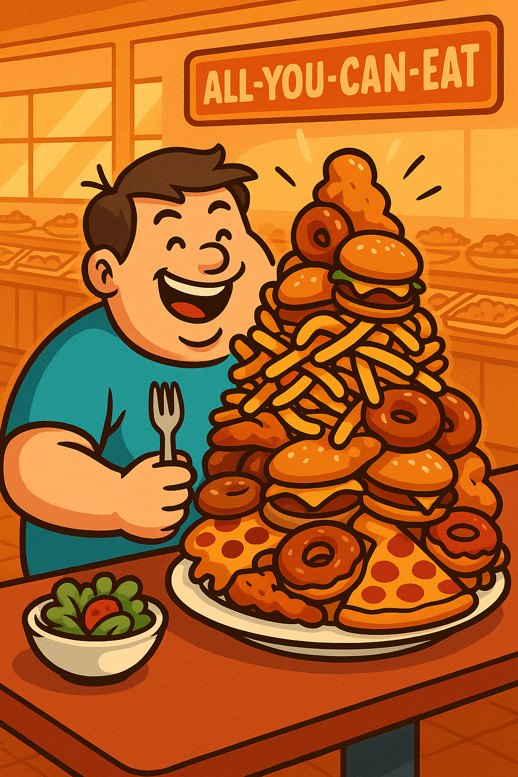 Cartoon of a person excited to eat a giant pile of food at a buffet.