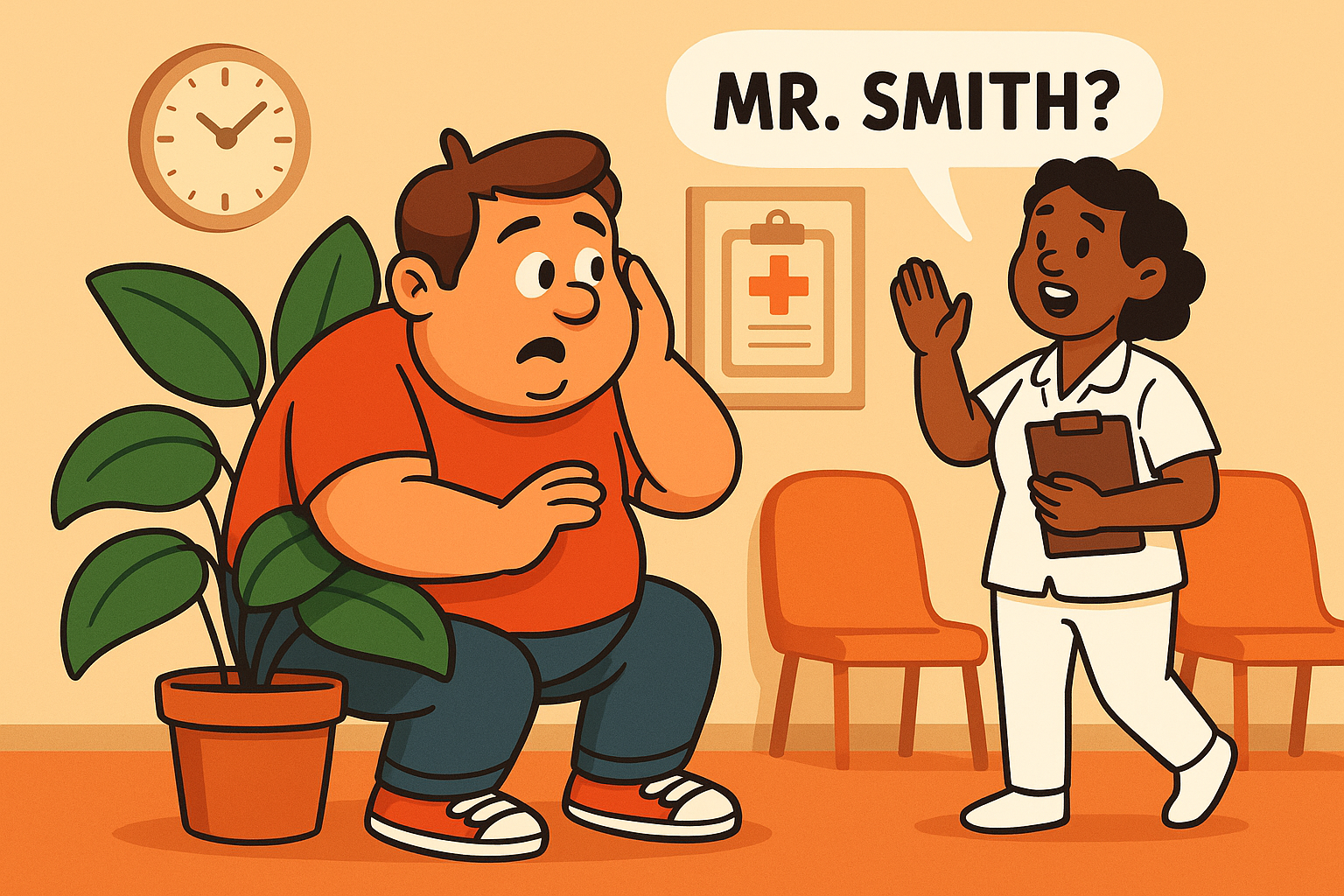 Cartoon of a worried person in a doctor's waiting room.